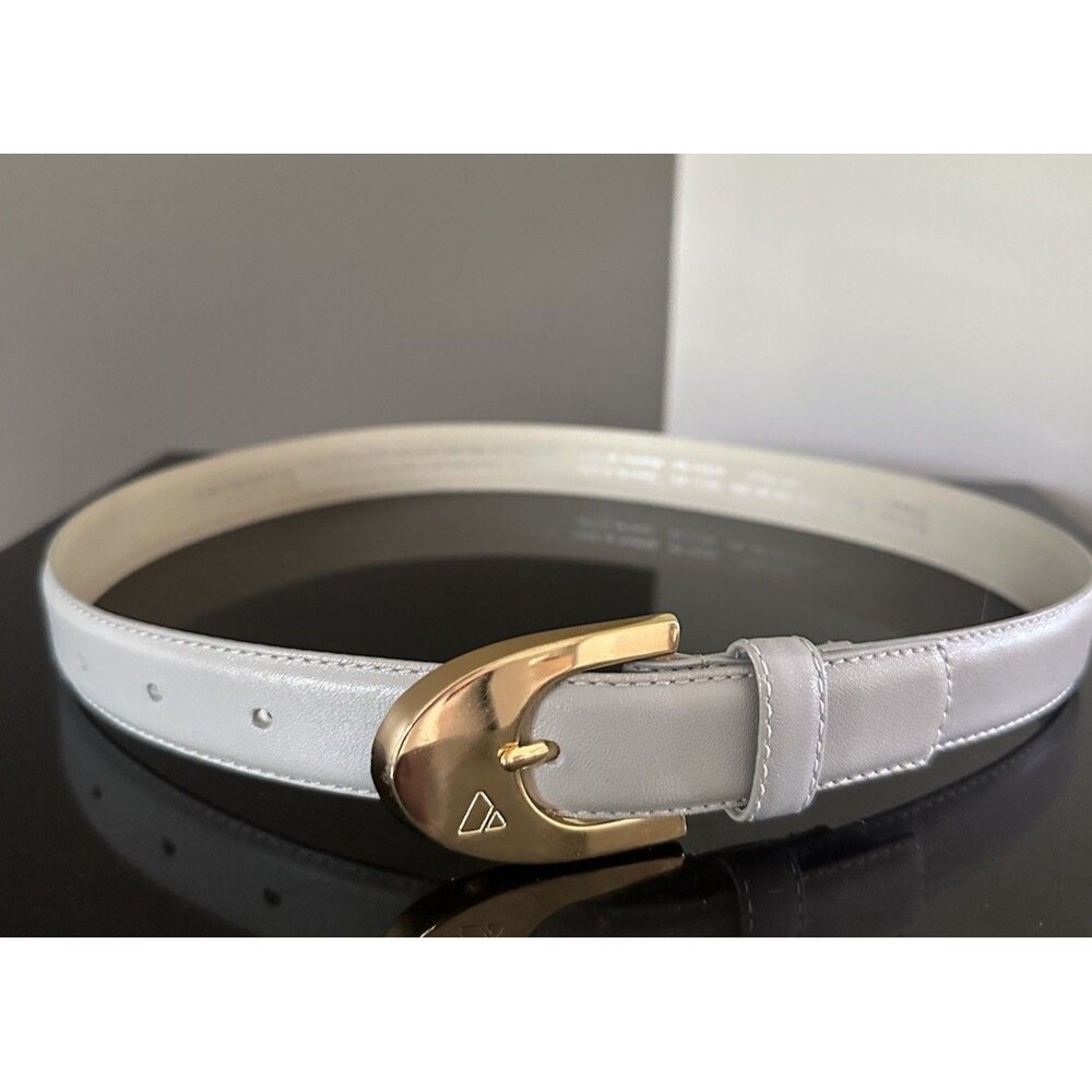 Vintage Liz Claiborne Light Grey Leather Belt Brass Gold Buckle Dress 90s Small